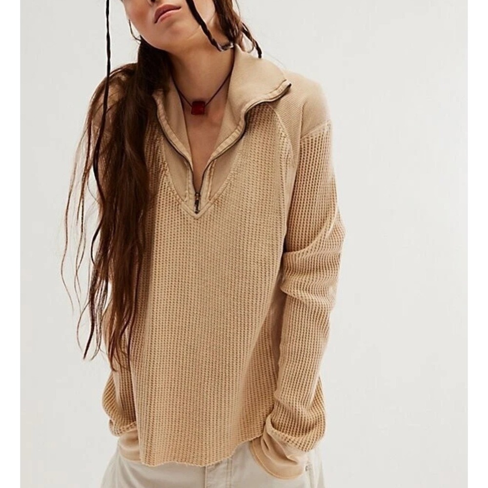 Free People FP Ashton Half Zip Thermal Top Waffle Knit Womens Medium Sand New